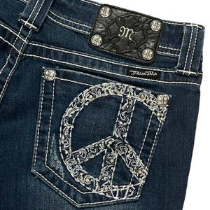 MISS ME Embellished Peace Sign Raw Hem Bootcut Jeans - Size 30